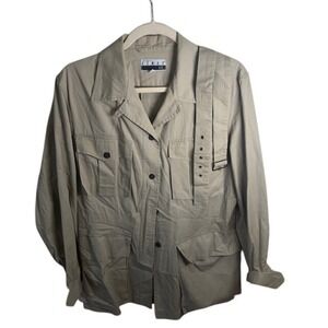 KENAR Tan Utility Safari Jacket Cargo Pockets Belted Button Front Long Sleeve